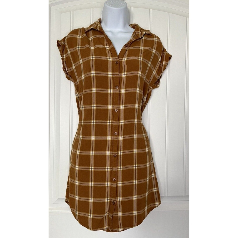Old Navy Sleeveless Button-Front Tunic Top Blouse‎ Brown Plaid Shirt Womens XS